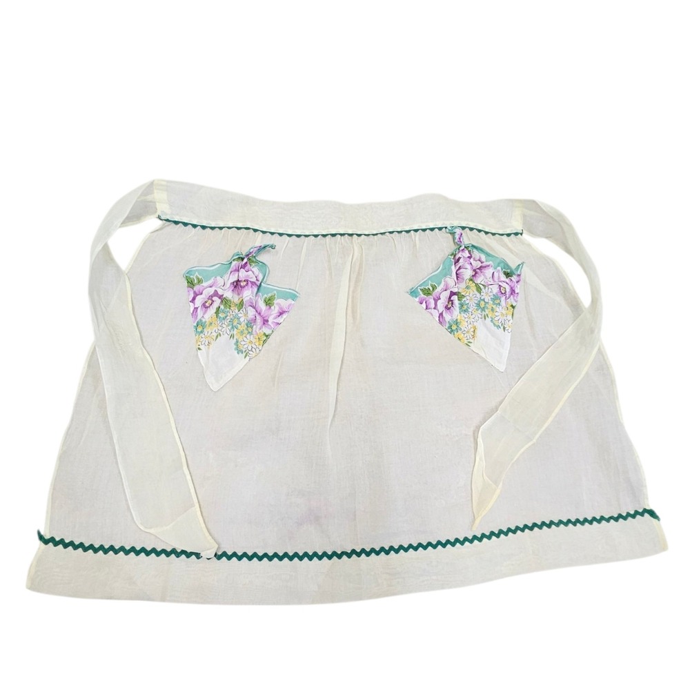 Vintage Half Apron Floral Pockets Sheer Fabric Cottagecore Style 60s‎ 70s Trad